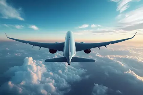 An airplane flies over the clouds.