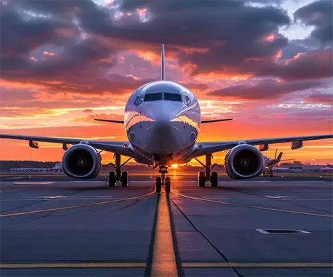 An airplane on the runway at sunset