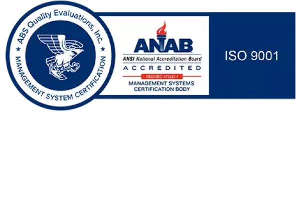 Blue icon recognizing ISO 9001 certification and ANAB accreditation