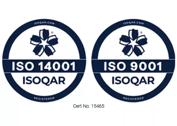 Two Navy ISOQAR logos recognizing ISO 14001 and ISO 9001 certification (Cert No. 15465)