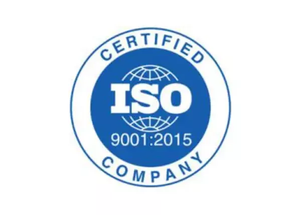 A blue logo recognizing ISO 9001:2015 certification