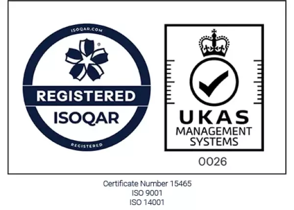 ISOQAR UKAS Management Systems joint logo recognizing ISO 14001 and ISO 9001 certification (Cert. No. 15465)